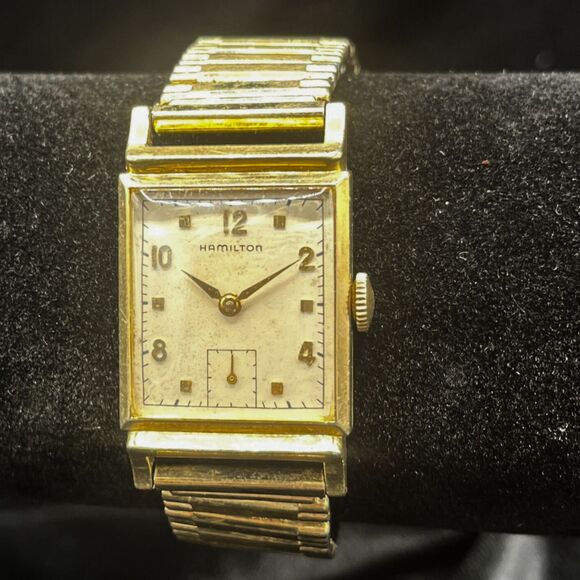 Vintage Hamilton 10K Gold Stainless Steal Square Analog Wristwatch Stretch Band - Picture 1 of 5